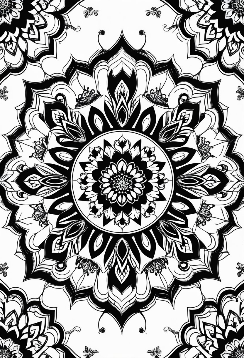 A detailed circular pattern composed of symmetrical geometric shapes and floral motifs in black and white.