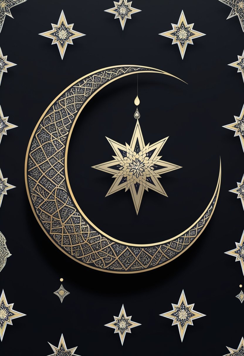 Black background with multiple star and crescent designs arranged evenly across the surface.