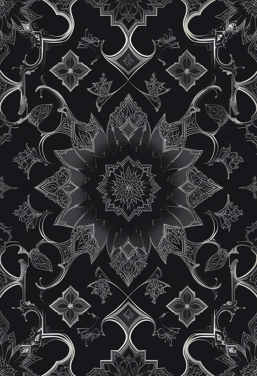 A detailed black wallpaper featuring intricate geometric and arabesque patterns arranged symmetrically.