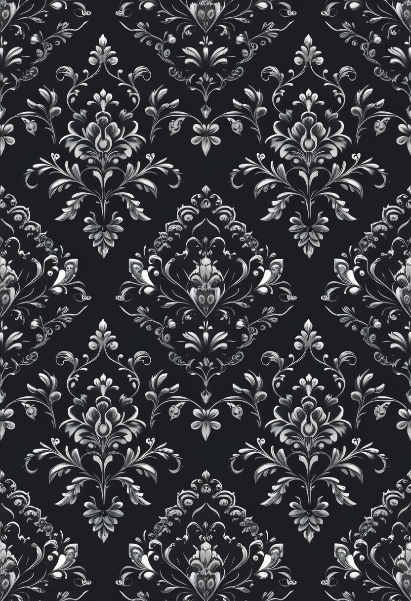 A seamless black wallpaper featuring intricate floral and geometric patterns inspired by Islamic art.