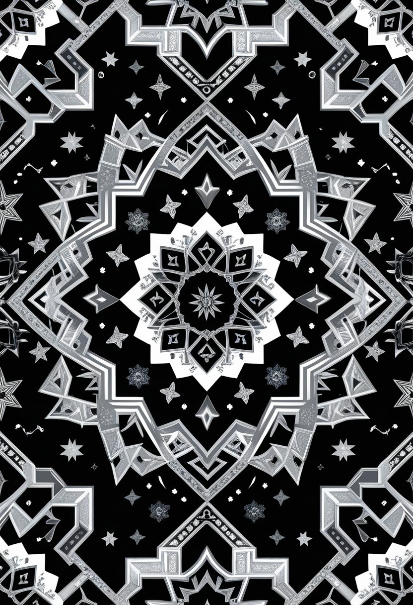 A detailed black and silver geometric pattern with interlacing shapes and stars.
