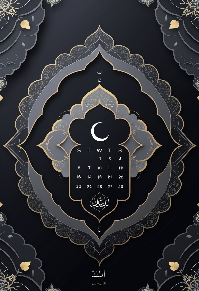 A dark background featuring intricate Islamic geometric and floral patterns surrounding a representation of the 15th day in the Islamic lunar calendar with a crescent moon motif.