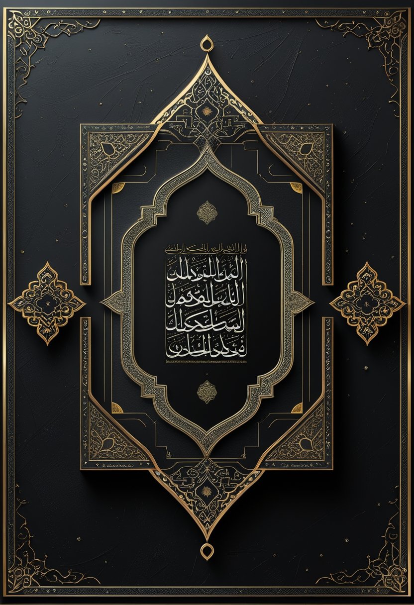 An ornate black and gold Islamic decorative frame with intricate geometric and floral patterns surrounding a blank central area.