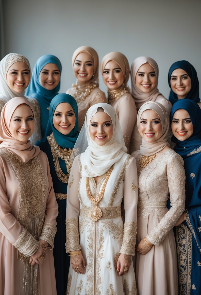 Ten Muslim brides wearing traditional wedding dresses and hijabs standing together, smiling and posing for a group photo.