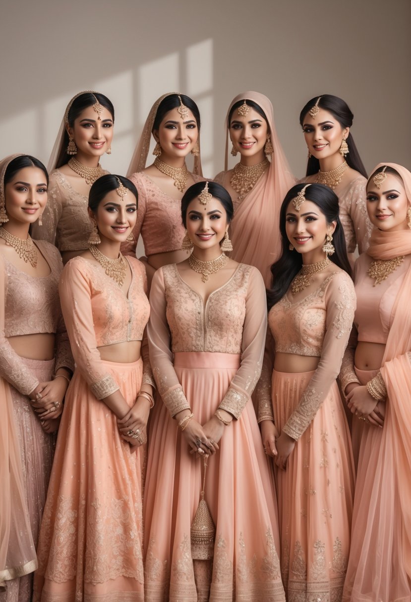 Ten women standing together wearing peach-colored traditional dresses with matching bottoms, smiling in a softly lit studio.