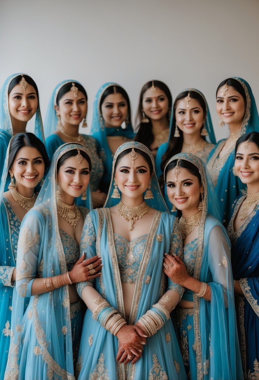 Ten Muslim brides standing together wearing sky blue traditional outfits with gold embroidery, smiling and posing in a studio setting.