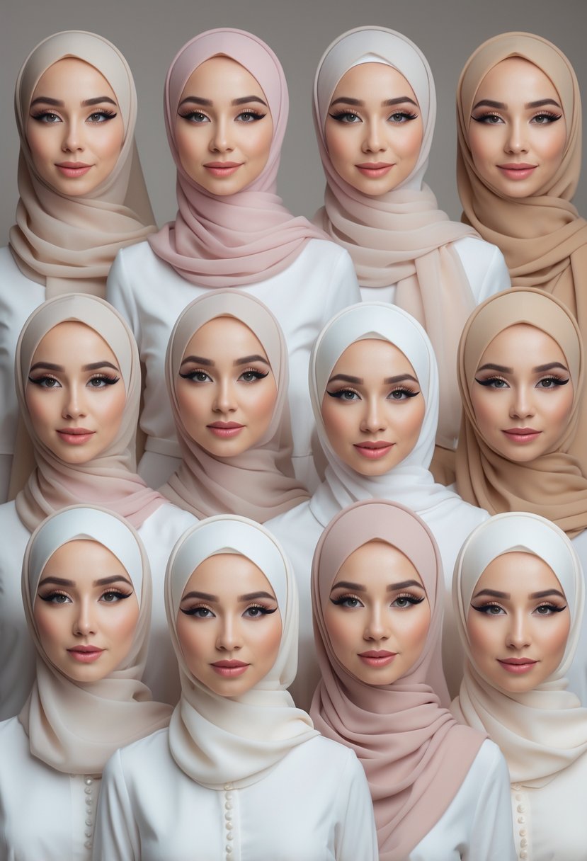Ten Muslim brides wearing hijabs with minimal makeup and bold eyeliner, posing together in a studio.