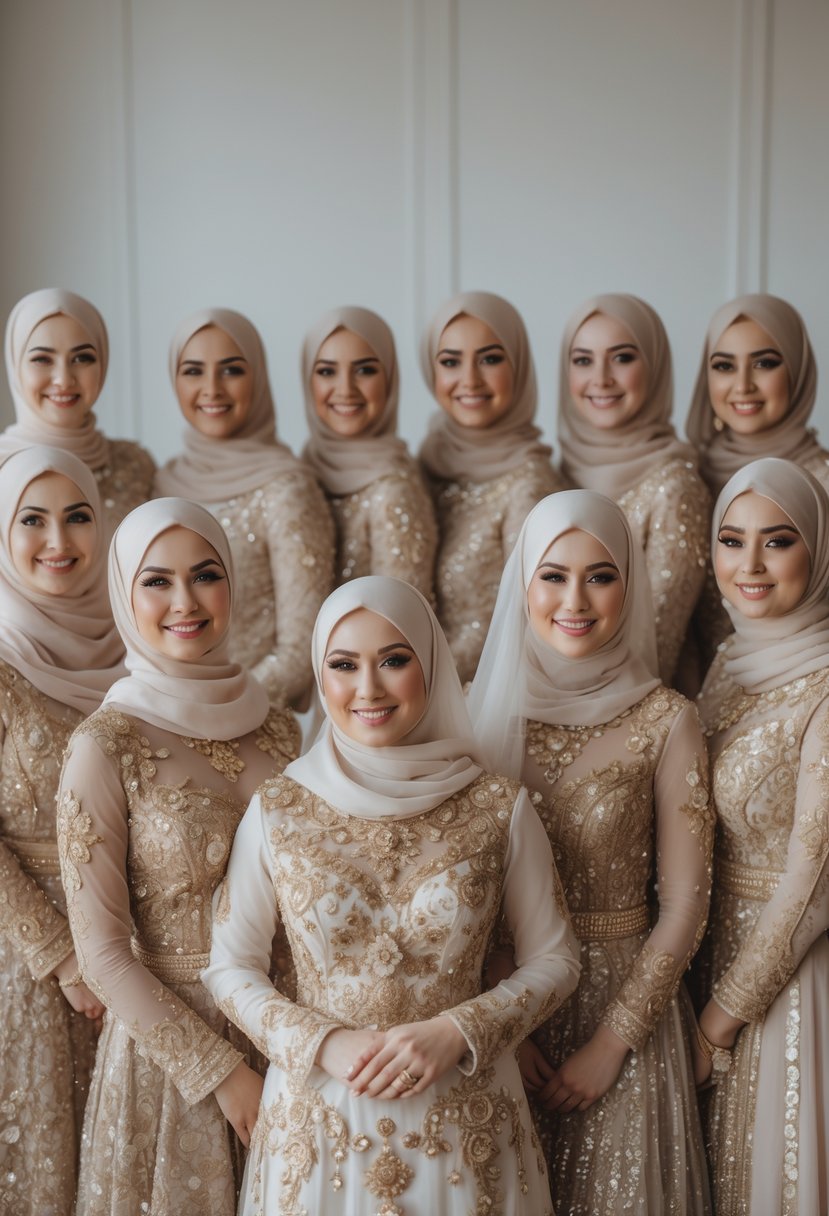 Ten Muslim brides standing together wearing gold floral stone and sequin embellished wedding dresses and matching headscarves.