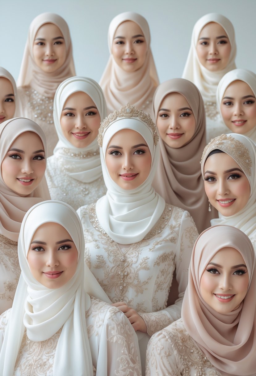 Ten Muslim brides wearing different bridal hijabs and gowns, posing together in a bright studio setting.