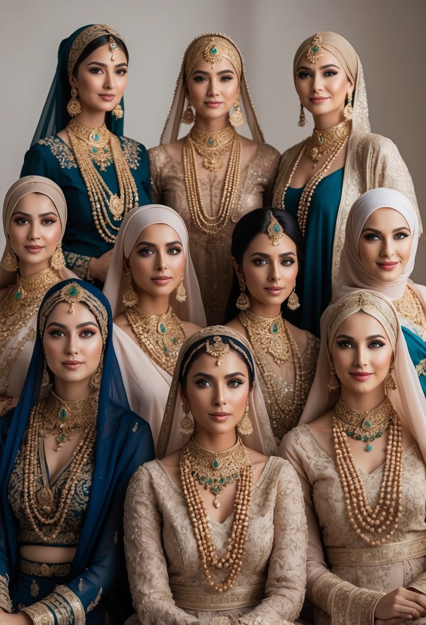 Ten Muslim brides wearing traditional Nikkah dresses and rich jewelry, standing together in a studio setting.