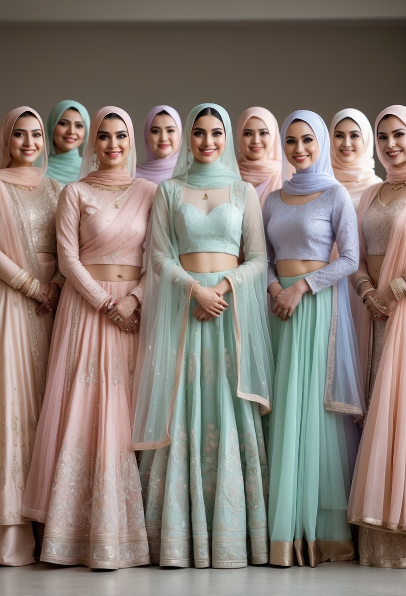 Ten Muslim brides standing together wearing pastel-colored lehengas with light dupattas in a well-lit studio.