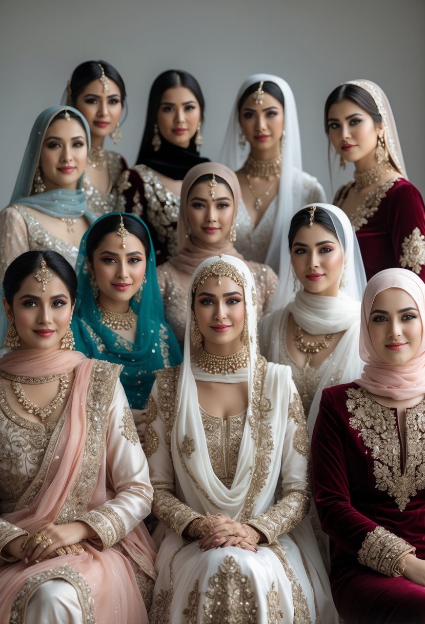 Ten Muslim brides wearing richly embroidered velvet dresses with detailed gold and silver threadwork, standing together in a studio setting.