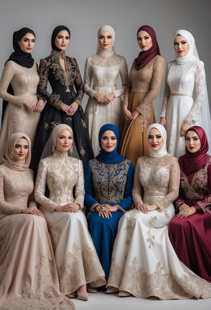 Ten Muslim brides wearing elegant wedding dresses posing together in a studio.