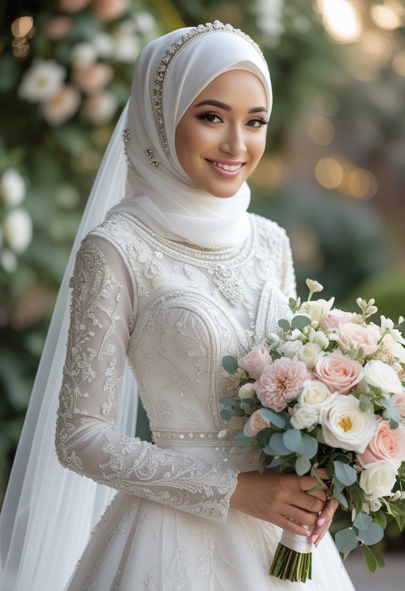 A Muslim bride wearing a white wedding dress and hijab, holding a bouquet and smiling.