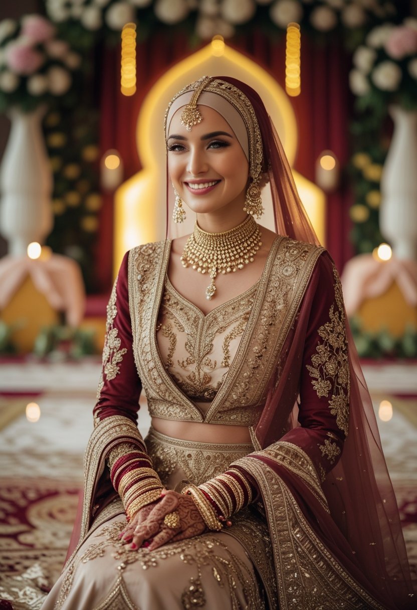 A Muslim bride dressed in traditional attire during her Nikah ceremony, standing indoors with decorative elements in the background.