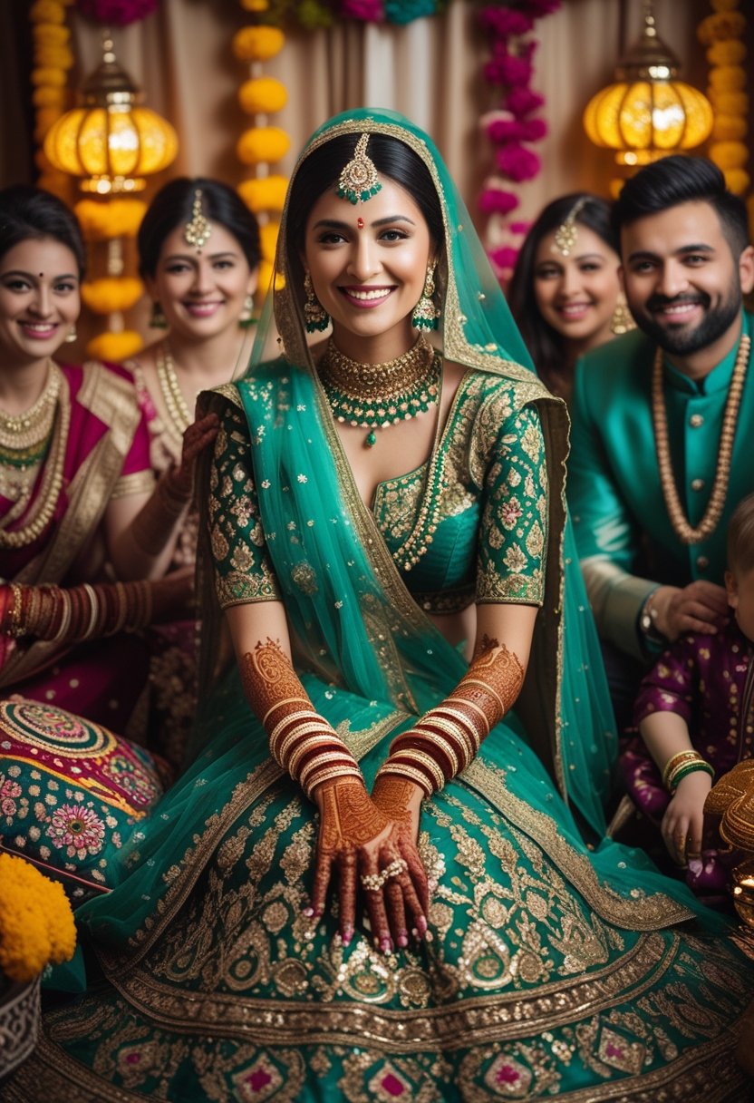 A Muslim bride dressed in traditional clothing with henna on her hands, smiling during a Mehndi celebration surrounded by family and festive decorations.