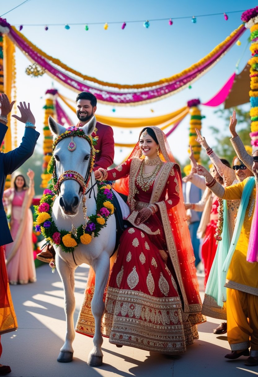 A Muslim bride in traditional red and gold attire riding a decorated white horse during a lively Baraat procession with family and friends celebrating around her.