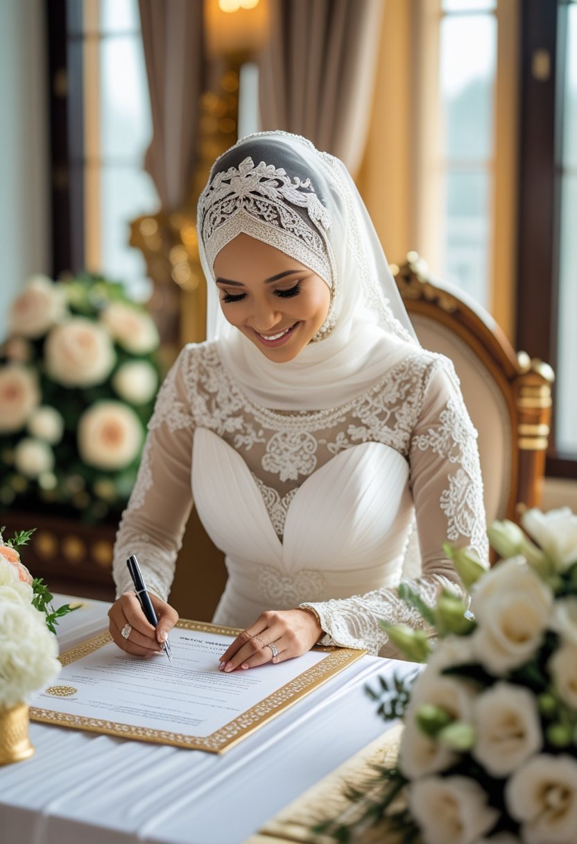 A Muslim bride in a white dress and hijab signing a marriage contract at a decorated table indoors.
