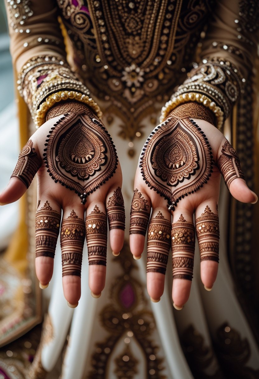 A Muslim bride showing traditional henna designs on her hands and forearms.
