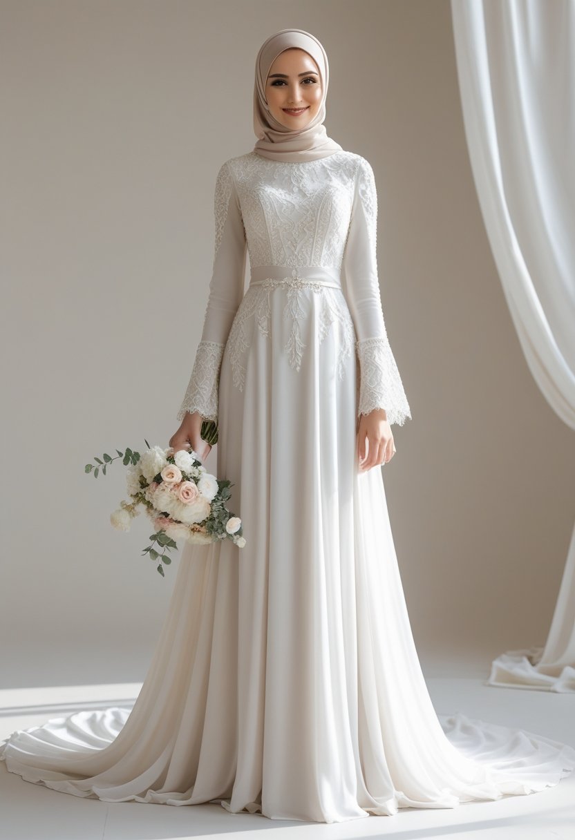 A Muslim bride standing and holding a bouquet, wearing a long-sleeved wedding dress and a matching hijab.