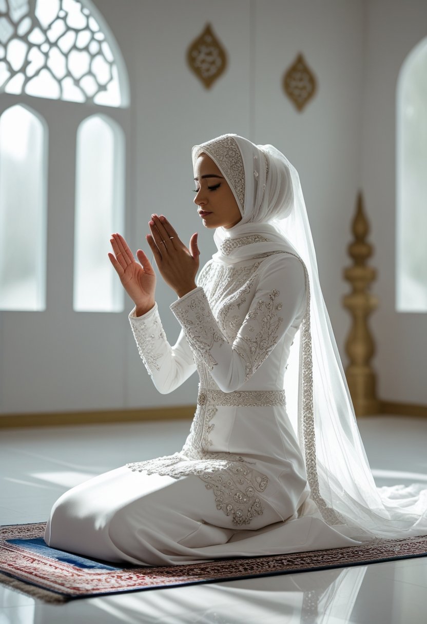 A Muslim bride in a white wedding dress and hijab sitting on a prayer rug with hands raised in prayer indoors.